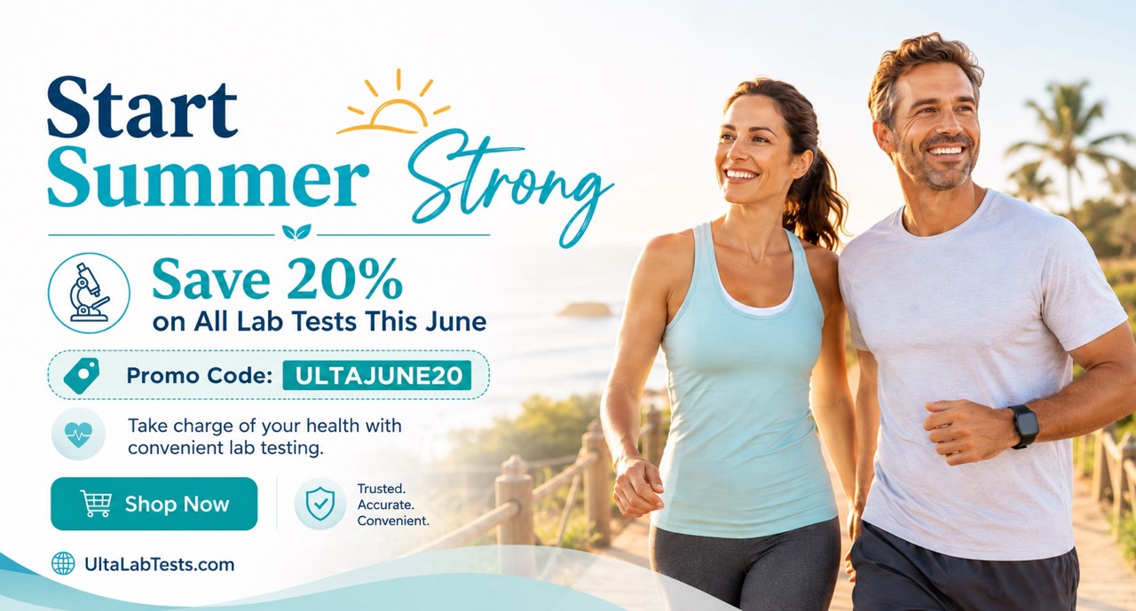 Start summer strong this June with 20% off all lab tests from Ulta Lab Tests. Use promo code ULTAJUNE20 to know your numbers and take a proactive step toward better healt